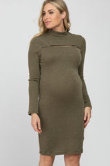 Olive Ribbed Mock Neck Front Cutout Maternity Dress