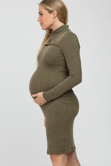 Olive Ribbed Mock Neck Front Cutout Maternity Dress