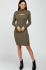 Olive Ribbed Mock Neck Front Cutout Dress