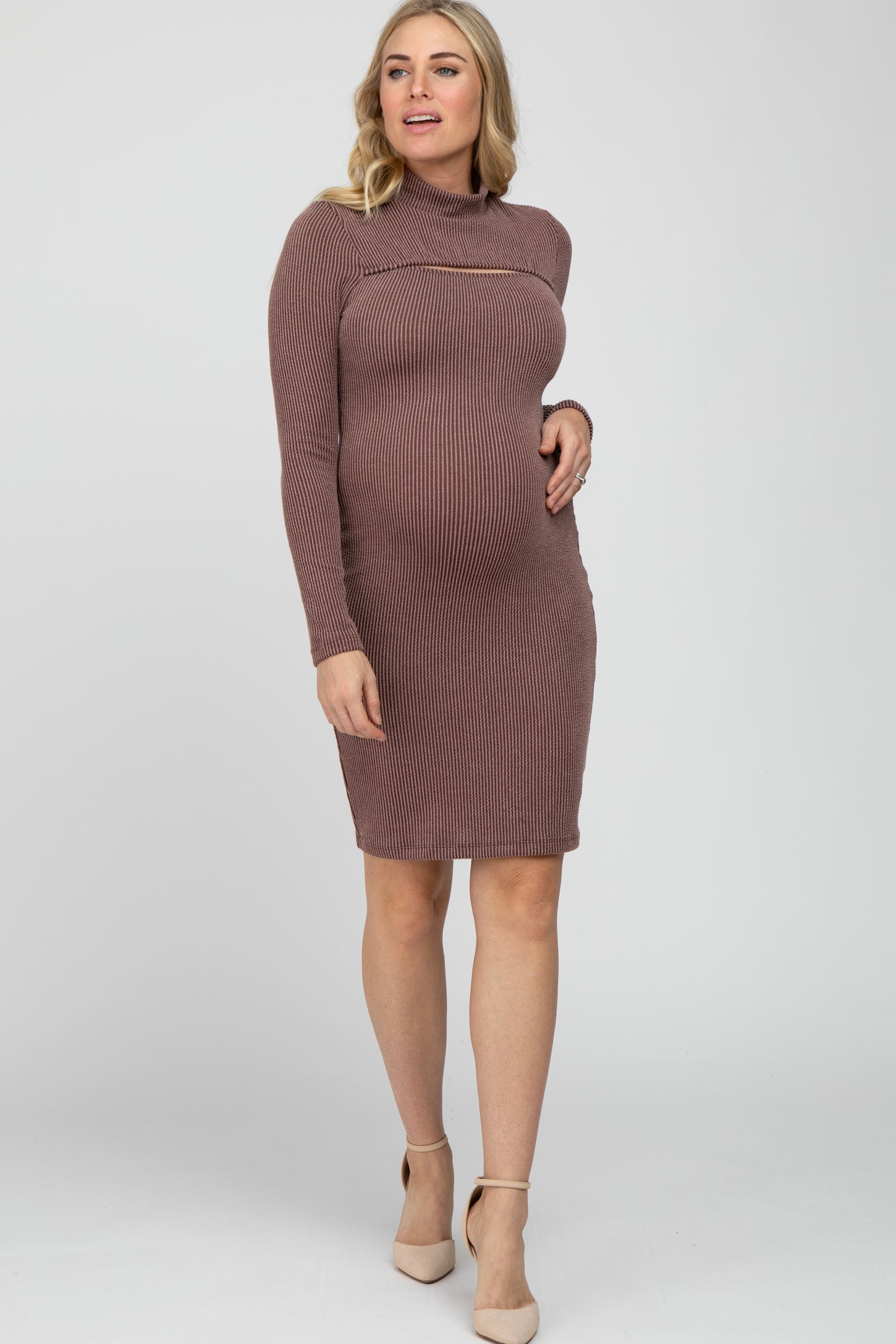 Brown Ribbed Mock Neck Front Cutout Maternity Dress
