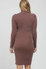 Brown Ribbed Mock Neck Front Cutout Maternity Dress