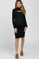 Black Ribbed Mock Neck Front Cutout Maternity Dress