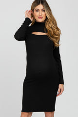 Black Ribbed Mock Neck Front Cutout Maternity Dress