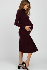 Burgundy Mock Neck Flared Maternity Midi Dress
