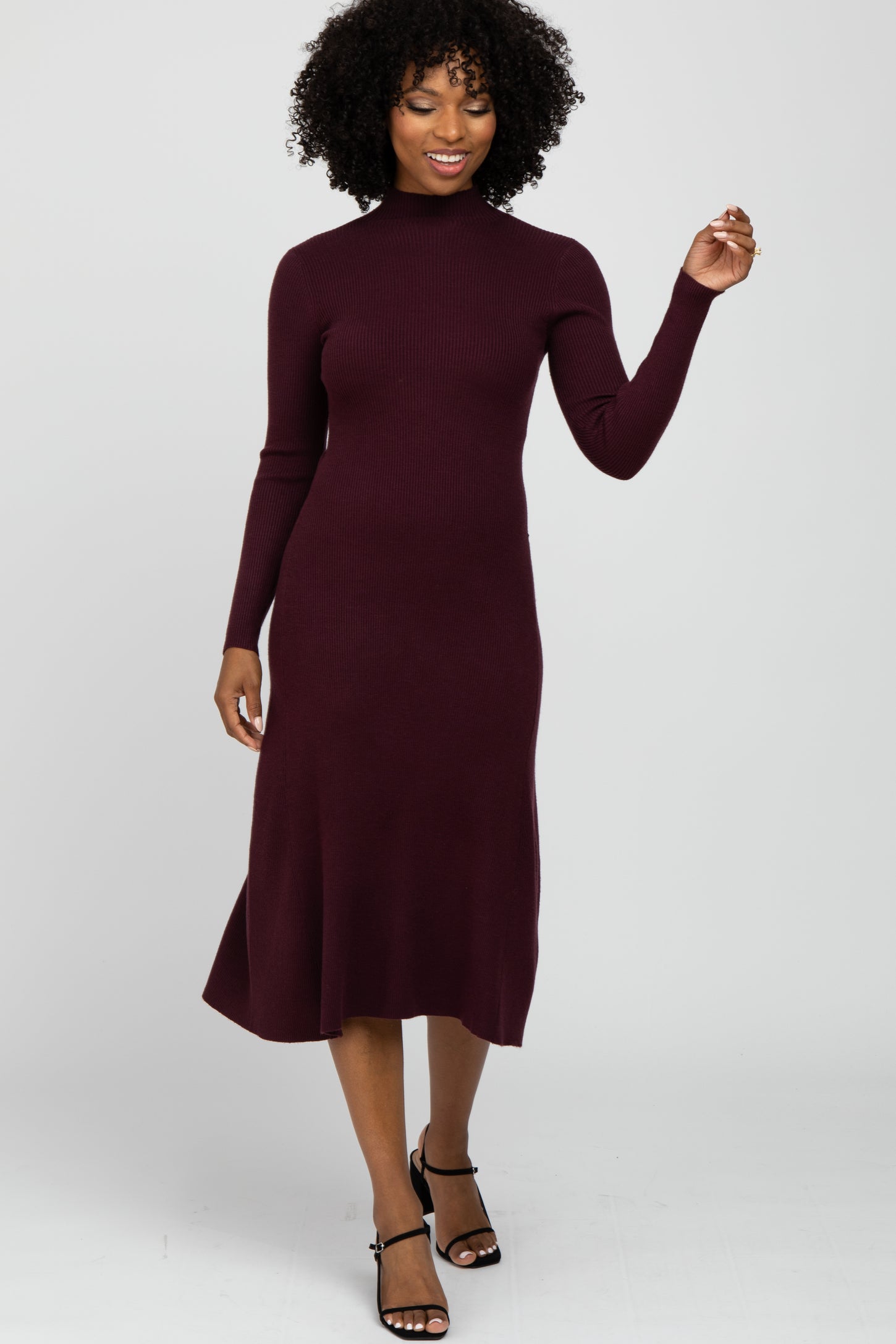 Burgundy Mock Neck Flared Midi Dress Burgundy Mock Neck Flared Midi Dress
