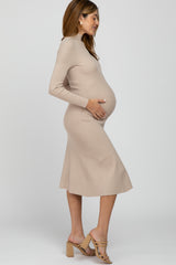 Beige Mock Neck Flared Maternity Midi Dress