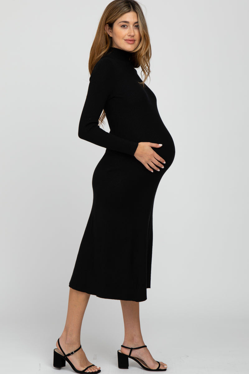 Black Mock Neck Flared Maternity Midi Dress– PinkBlush