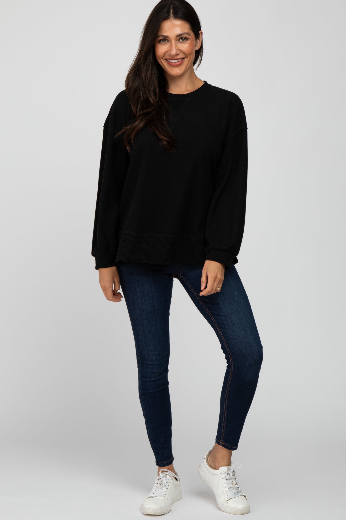 Black Soft Ribbed Accent Long Sleeve Top