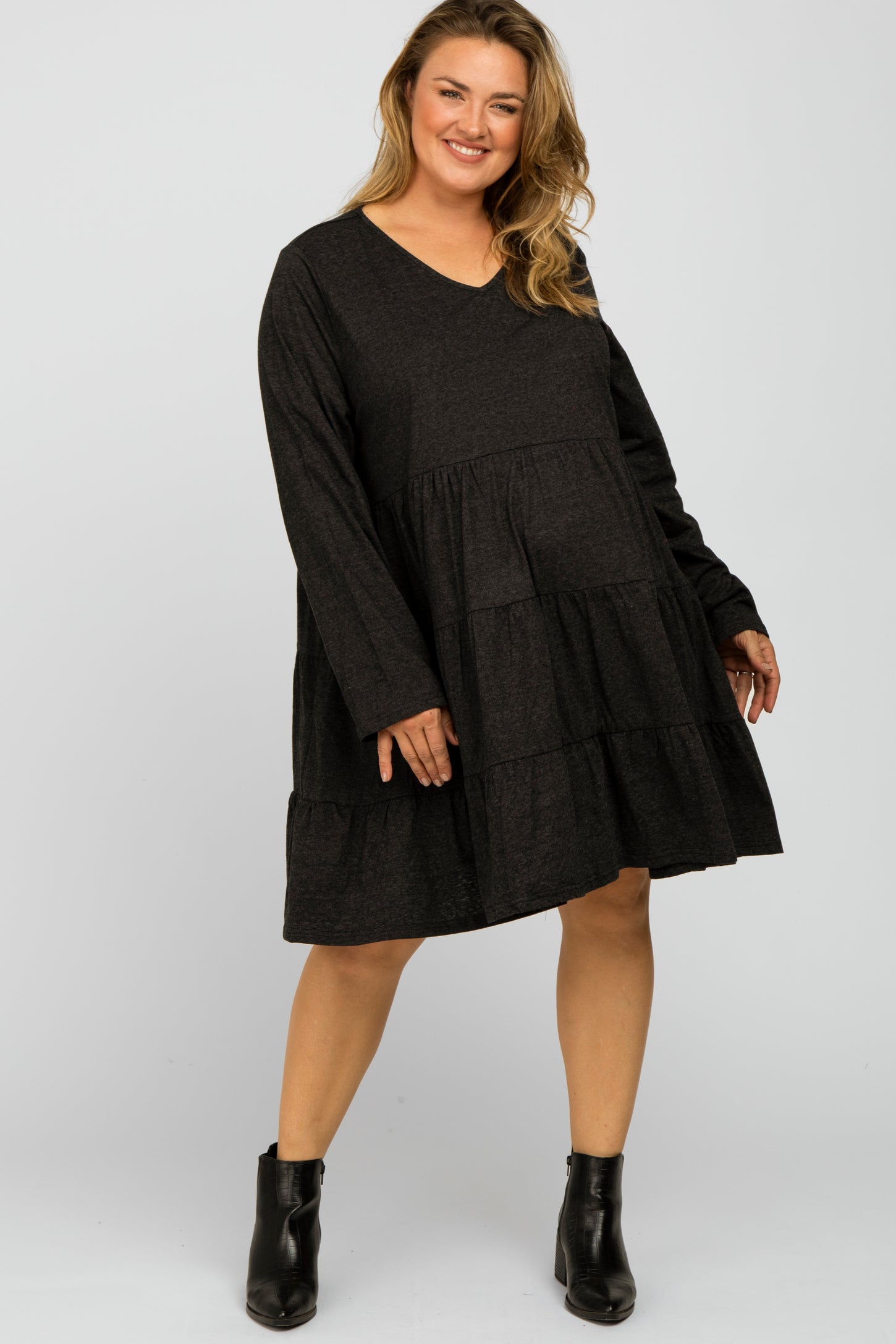 Black Soft Knit Two Tone Tiered Plus Maternity Dress