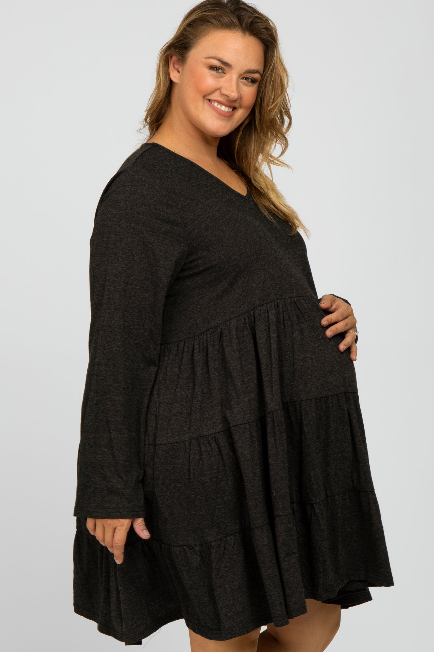 Black Soft Knit Two Tone Tiered Plus Maternity Dress