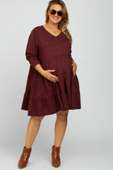 Burgundy Soft Knit Two Tone Tiered Plus Maternity Dress