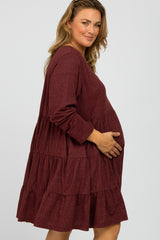 Burgundy Soft Knit Two Tone Tiered Plus Maternity Dress