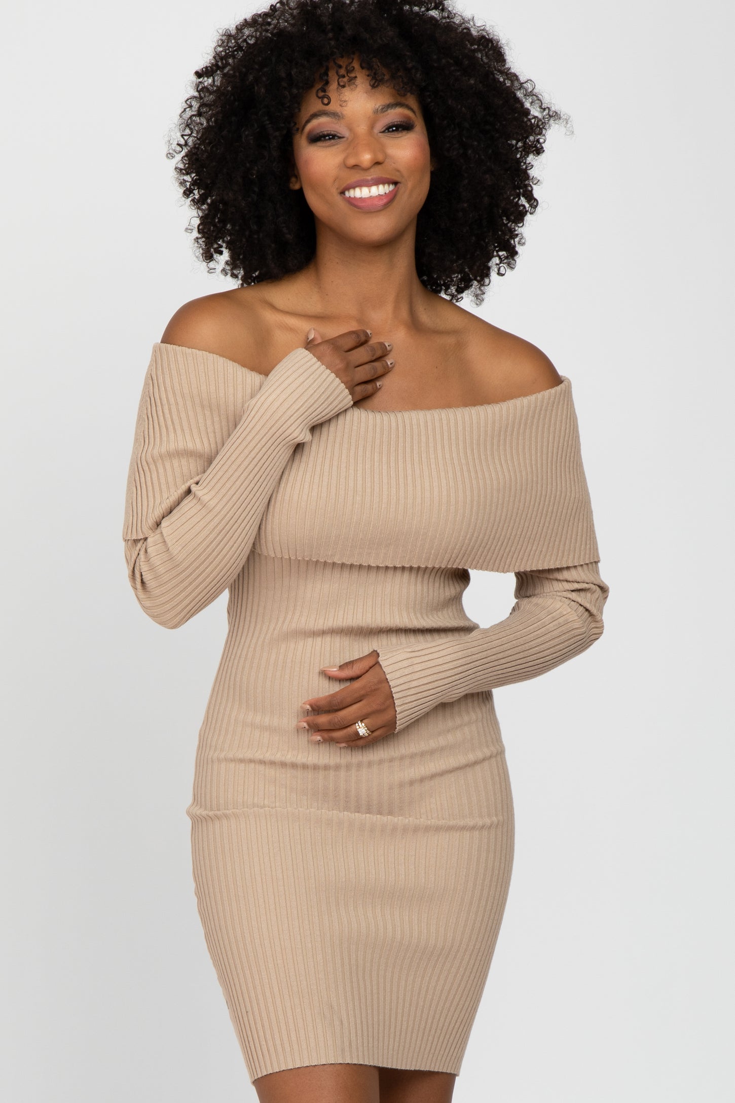Taupe Ribbed Off Shoulder Fitted Sweater Dress– PinkBlush