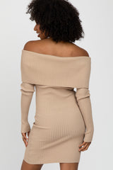 Taupe Ribbed Off Shoulder Fitted Sweater Dress