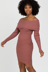 Mauve Ribbed Off Shoulder Fitted Sweater Dress