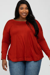 Rust Button Accent Long Sleeve Plus Top