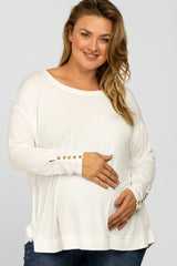 Ivory Button Accent Long Sleeve Maternity Plus Top