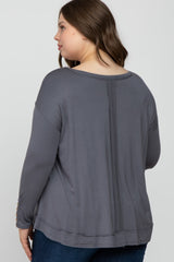 Grey Button Accent Long Sleeve Maternity Plus Top
