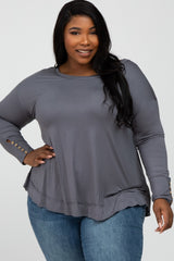 Grey Button Accent Long Sleeve Maternity Plus Top