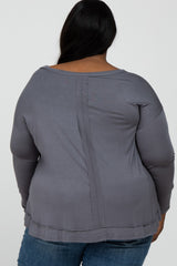 Grey Button Accent Long Sleeve Plus Top