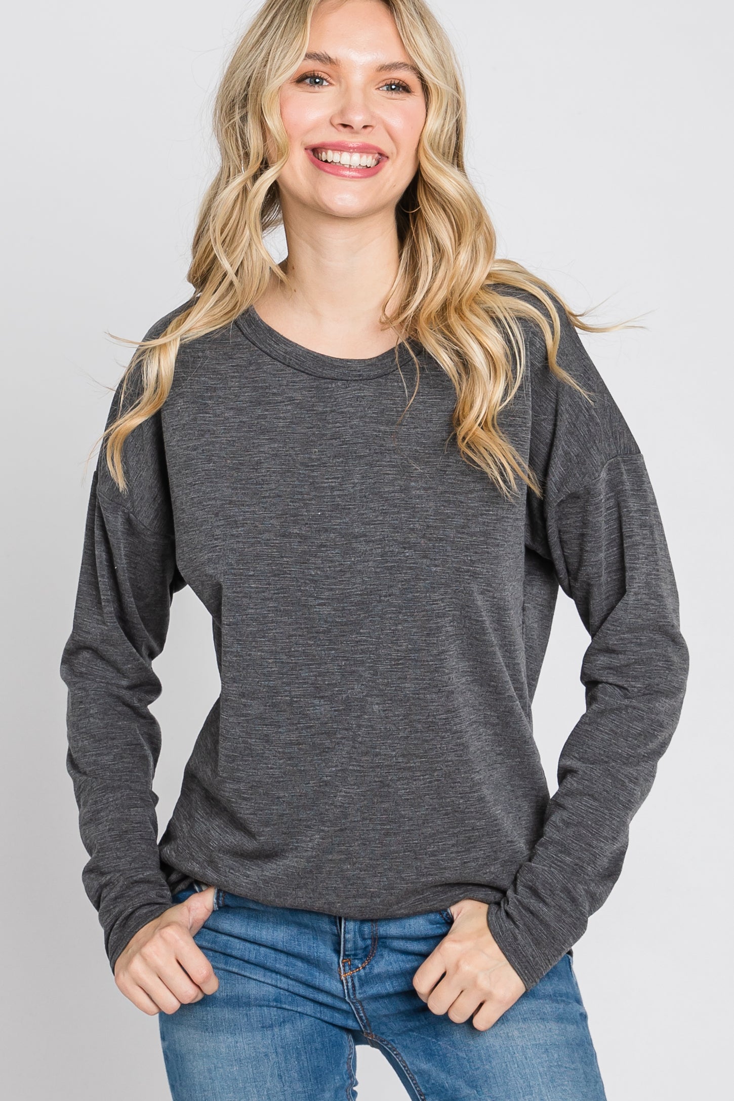 Charcoal Mixed Knit Round Hem Top