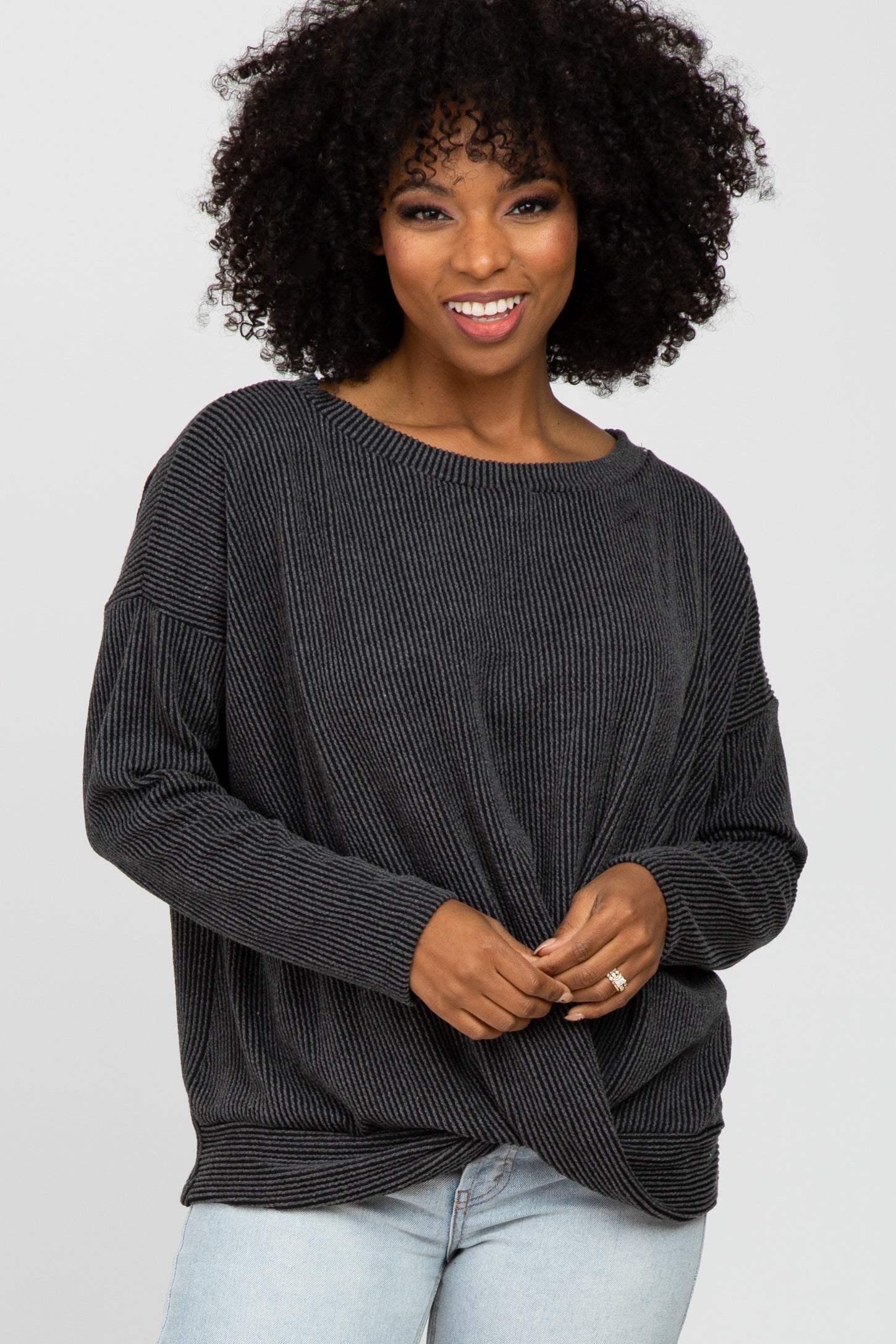 Black Ribbed Twist Front Top