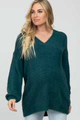 Teal Fuzzy V-Neck Maternity Sweater