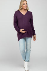Purple Fuzzy V-Neck Maternity Sweater