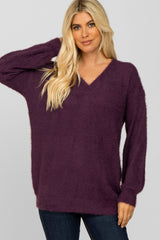 Purple Fuzzy V-Neck Maternity Sweater