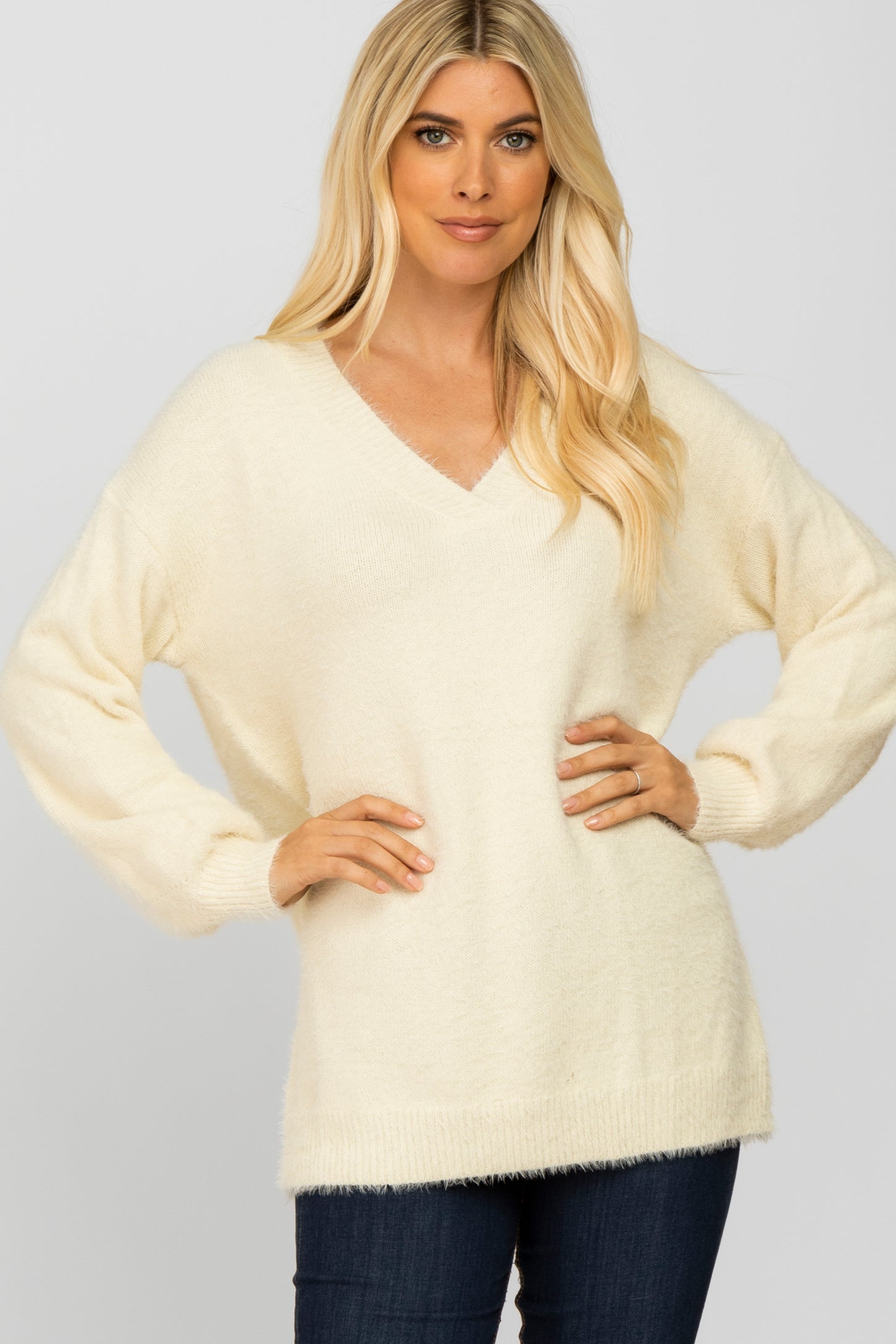 Cream Fuzzy V-Neck Sweater