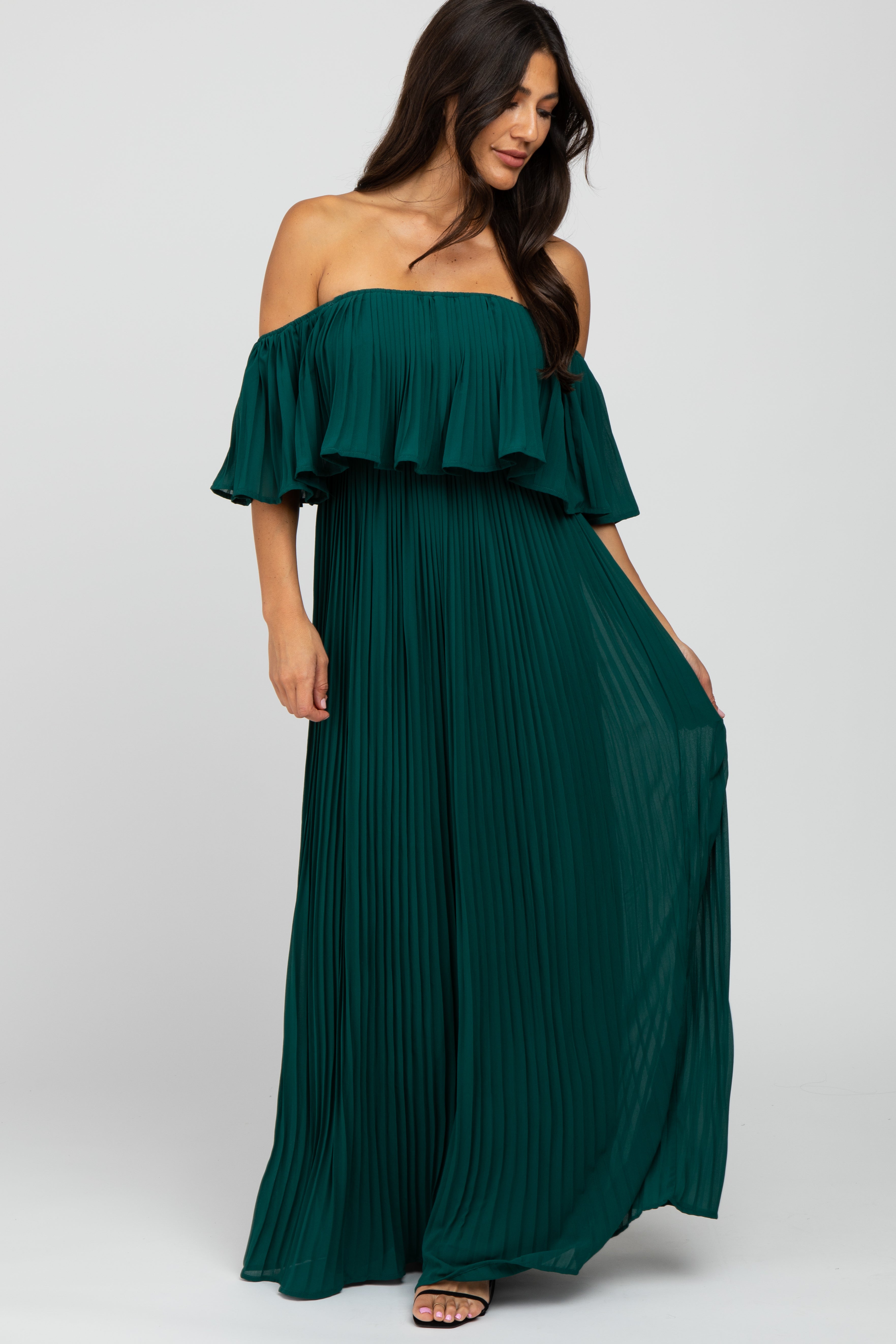 Forest Green Chiffon Pleated Off Shoulder Maxi Dress – PinkBlush