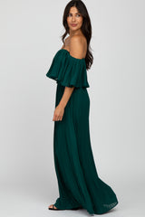Forest Green Chiffon Pleated Off Shoulder Maxi Dress