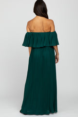 Forest Green Chiffon Pleated Off Shoulder Maxi Dress