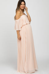 Peach Chiffon Pleated Off Shoulder Maternity Maxi Dress