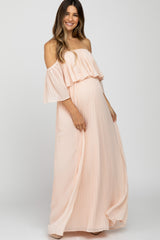 Peach Chiffon Pleated Off Shoulder Maternity Maxi Dress