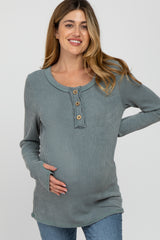 Dusty Blue Ribbed Button Accent Maternity Top