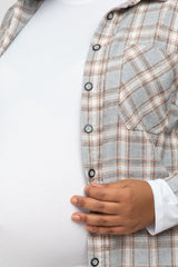 Grey Plaid Button Up Collared Flannel Maternity Plus Top