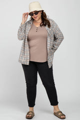 Grey Plaid Button Up Collared Flannel Plus Top