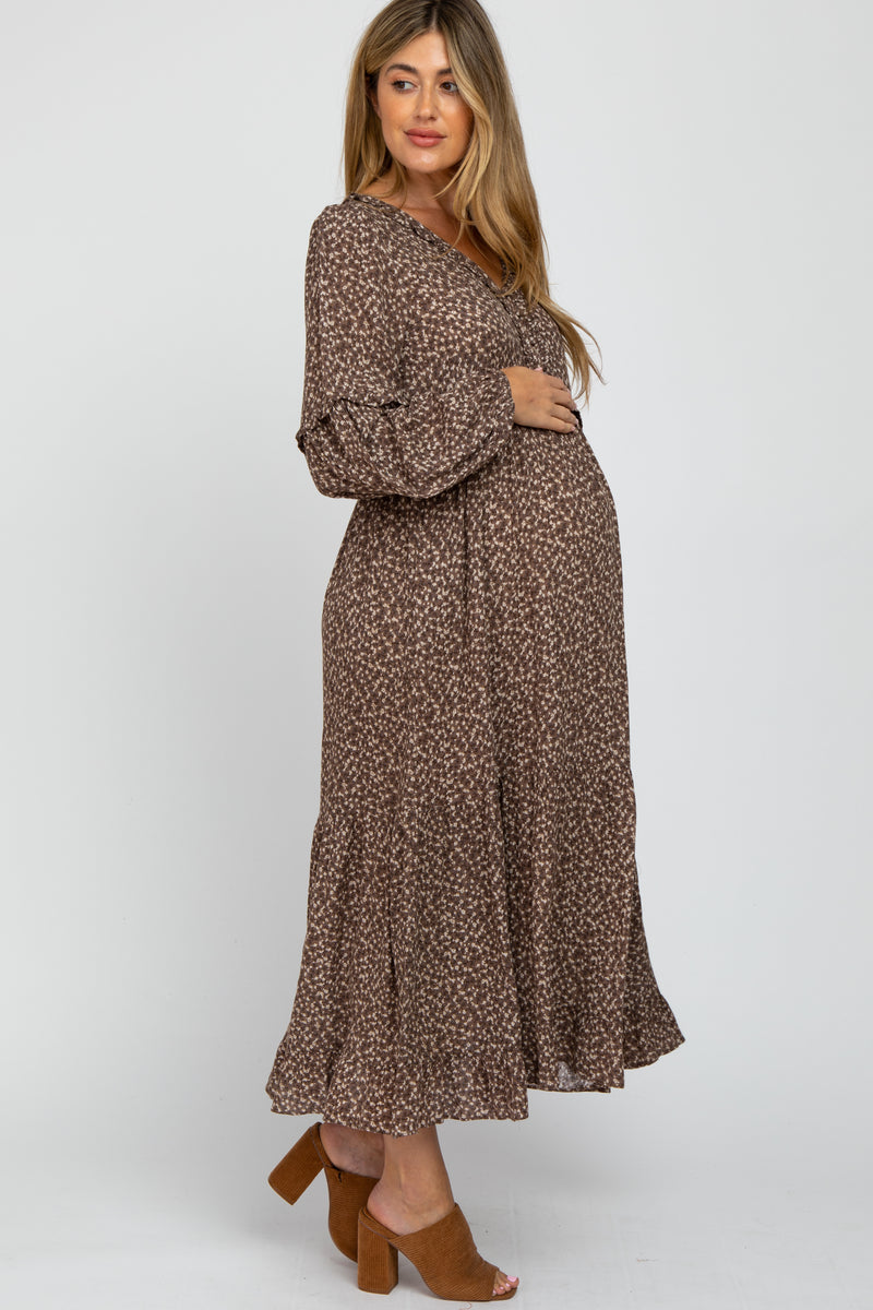 Brown Floral Button Ruffle Accent Maternity Dress– PinkBlush
