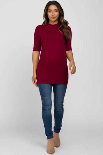Burgundy Soft Brushed Knit Mock Neck Maternity Top