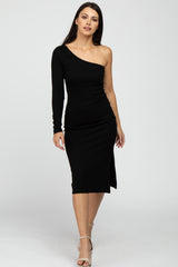 Black One Shoulder Side Slit Midi Dress