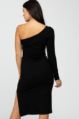 Black One Shoulder Side Slit Midi Dress