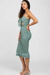 Green Gingham Print Smocked Fitted Self-Tie Midi Dress