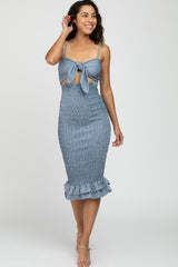 Blue Gingham Print Smocked Fitted Self-Tie Midi Dress