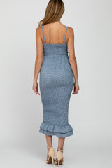 Blue Gingham Print Smocked Fitted Self-Tie Maternity Midi Dress