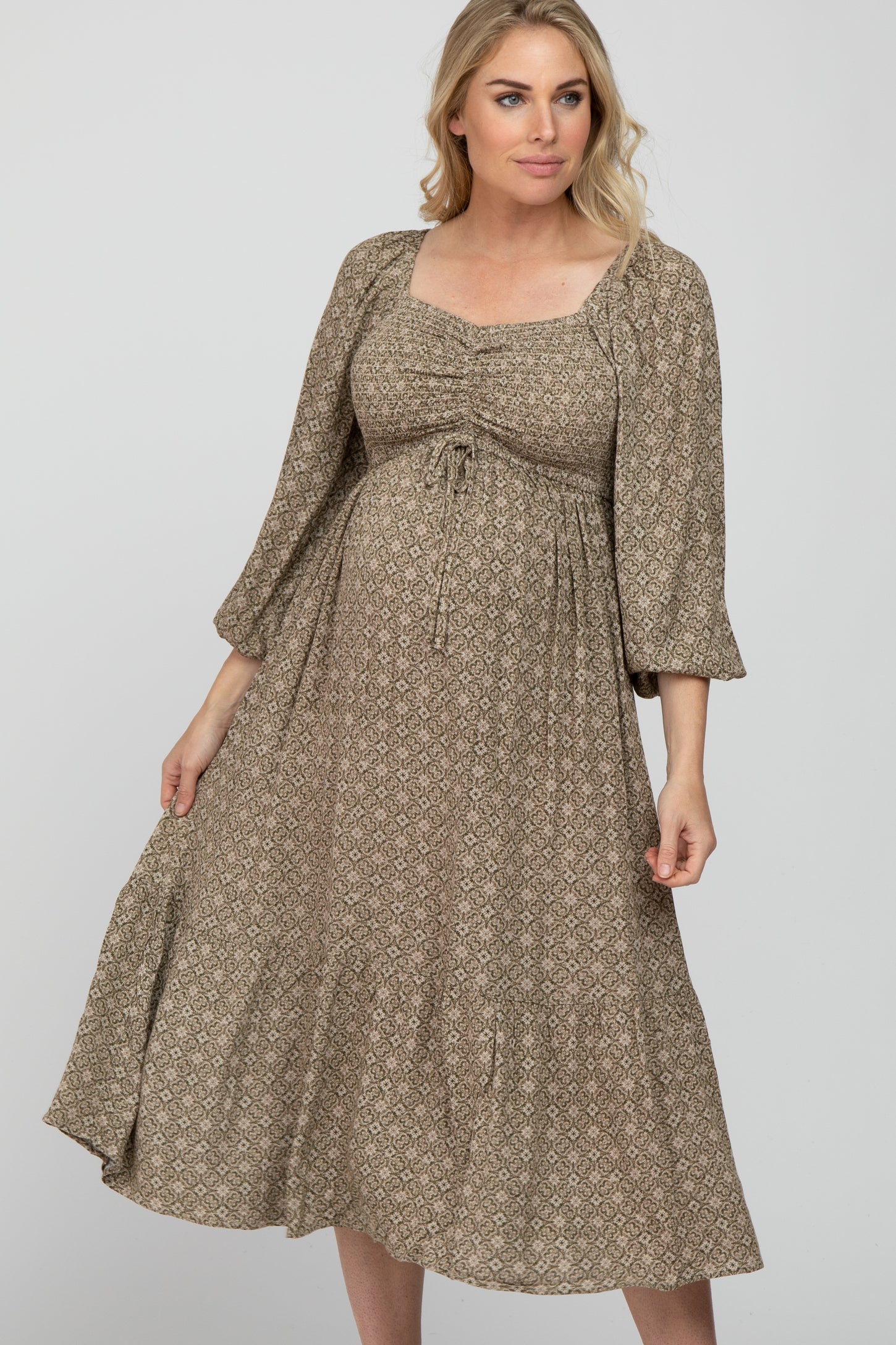 Olive Printed Sweetheart Neck Maternity Dress