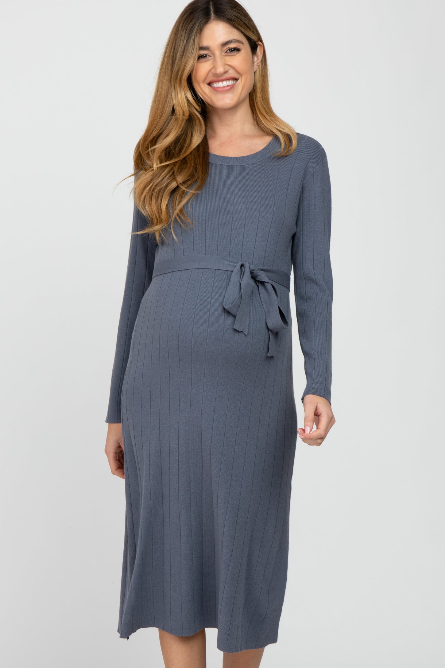 Periwinkle Ribbed Knit Waist Tie Side Slit Maternity Dress