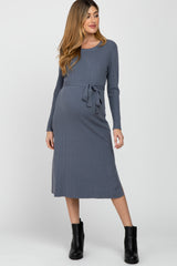 Periwinkle Ribbed Knit Waist Tie Side Slit Maternity Dress