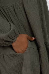 Olive Gauze Button Front Tiered Plus Dress