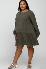 Olive Gauze Button Front Tiered Maternity Plus Dress